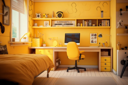 Sunny and Vibrant: A Tour Inside the Yellow Desk and Bedroom -AR 3:2の素材