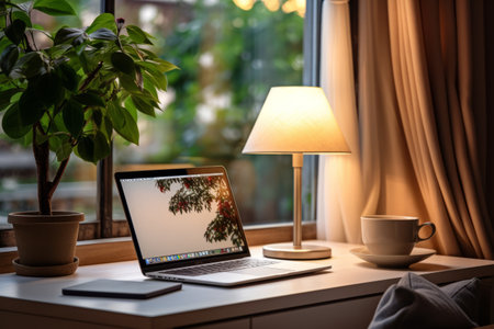 A Cozy Work Haven: Transforming Your Home Office with Chic Interior, Laptop, Potted Plant, and Ambient Lightingの素材