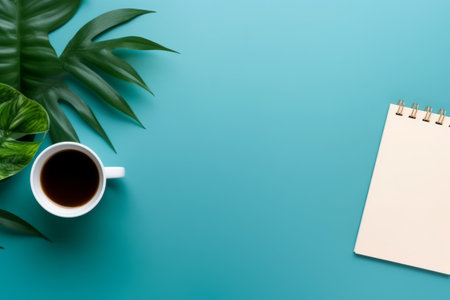 Efficient Workspace: Minimal Office Desk Setup with Office Supplies, Coffee Cup, and Copy Spaceの素材