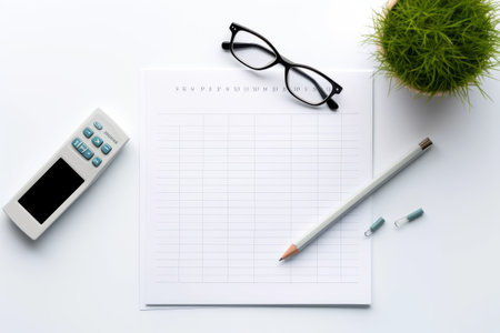 Efficient Workspace: Visualizing Success with Modern White Office Desk Table and Analytical Toolsの素材