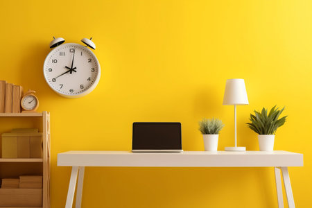Embracing the Modern: A Vibrant Creative Workspace on a Yellow Wallの素材