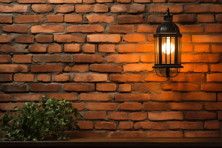 Stylish Home Decor Illuminated by a Lamp on a Brick Wall Backgroundの素材