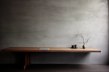 Combining Modernity and Natural Elements: A Wooden Modern Desk against a Grey Concrete Wall with a Stunning Wooden Floorの素材