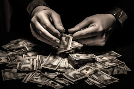 Counting Wealth: A Monochrome Capture of Female Fingers Tallying Euro Bills on a Pine Deskの素材