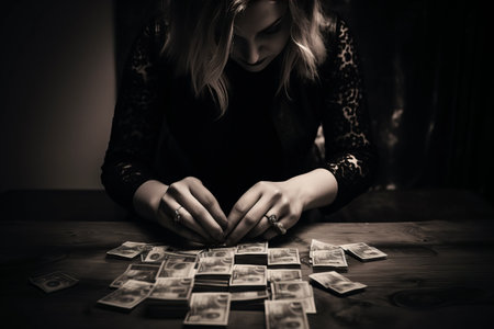 Counting Wealth: A Monochrome Portrayal of Female Fingers Tallying Euro Bills on a Wooden Deskの素材