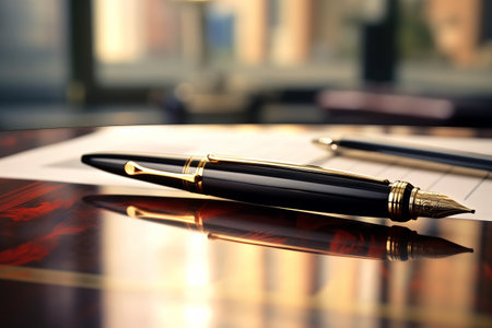 The Elegance of Tradition: A Business Fountain Pen Gracefully Rests on a Desktop in the Officeの素材