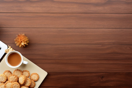 Morning Delight: A Perfectly Set Wood Office Desk with Laptop, Almond Cookies, and Latte Coffeeの素材