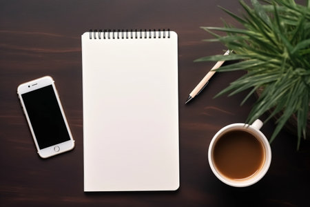 Coffee-Fueled Freelancer Haven: A Flat Lay Office Table Desk Boasting the Perfect Array of Stationery, a Tempting Cup of Coffee, and a Smartphone Screen Mockup â AR 3:2の素材