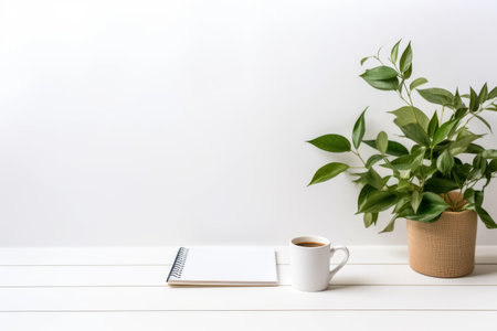 Cozy and Chic: Inspiring Workstation with Laptop, Coffee, and Greenery in Minimal Bohemian Home Office Setupの素材