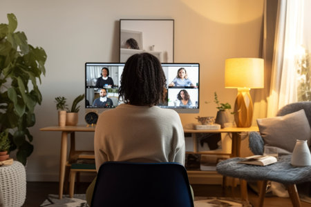 Embracing Remote Work: Female Employee Leads Engaging Video Conference with Multiracial Colleagues on Modern Laptop at Homeの素材