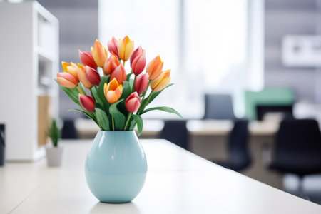 Artificial Flower Vase: A Colorful Accent amidst a Modern Workplace Background --AR 3:2の素材