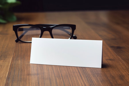 Personalize Your Professional Connections: Fascinating Blank Business Cards Amplify with Pen and Glasses, Adorning a Polished Office Table | Capture your Creativity!の素材
