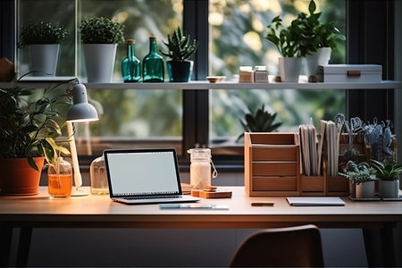 Aesthetic Home Office: A Close-Up of a Decorated Workspace with Plenty of Stationery and Room for Creativity (AR 3:2)の素材