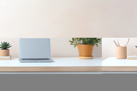 Enhance Your Home Office with a Simple Trendy Desk: Keyboard and Eco Craft Elements Paired with a Potted Flowerの素材