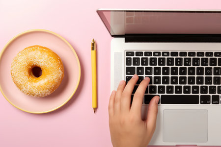 Coffee, Donuts, and Productivity: A Flat Lay of a Laptop Userの素材