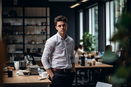 Finding Balance: A Diligent Office Worker Taking a Break at the Co-working Lunch Zoneの素材