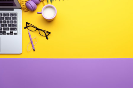 Creative Workspace: Tech Accessories and Stationery on Vibrant Backgroundの素材