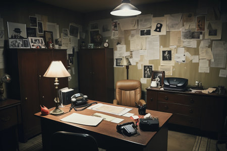 Unraveling the Mystery: Inside a Detective's Office with an Intriguing Evidence Boardの素材