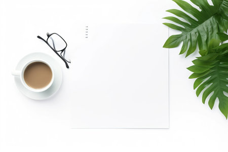 Efficient Workspace: An Organized Office Desk with Laptop, Smartphone, Coffee, and Supplies, Offering Ample Copy Space | Top View Flat Layの素材