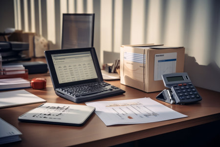 Efficient Workspace: A Glimpse at Calculators, Computers, and Documents on an Office Deskの素材