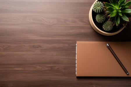 Stylish Office Desk Setup: Wooden Table with Accessories for Efficient Workの素材