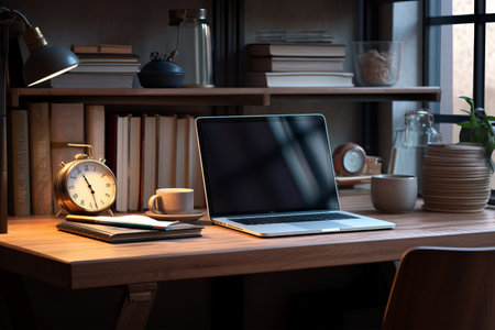 Productivity at Your Fingertips: Sleek Office Desk with Laptop- The Perfect 3:2 Aspect Ratioの素材