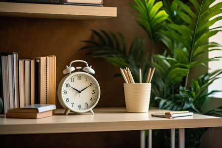 Productivity in Focus: A Perfect Workspace Setup with Desk Books, House Plant, Pencils, and Clock - AR 3:2の素材