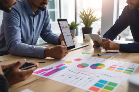 Collaborative Session: Close-up UX Developer and UI Designer Brainstorm Wireframe Design for Mobile App Interface with Client Brief and Color Code at Modern Office - Creative Digital Development Agencyの素材