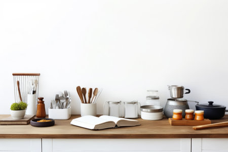 Harmonious Homeliness: Idyllic Kitchenware Arrangement on Wood Table and White Backdropの素材
