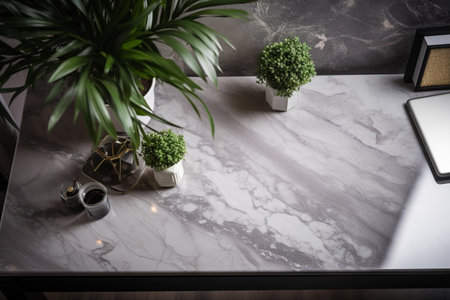 Enhancing Productivity and Aesthetic Appeal: The Versatile Marble Study Desk - Complete with Keyboard, Pen Tablet, Coffee, and Lush Greeneryの素材