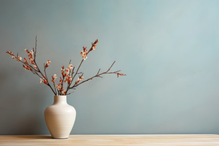 Soothing Ambiance: Captivating Decorative Vase Adorned with Branches Illuminates Wooden Table Against Vibrant Wallの素材