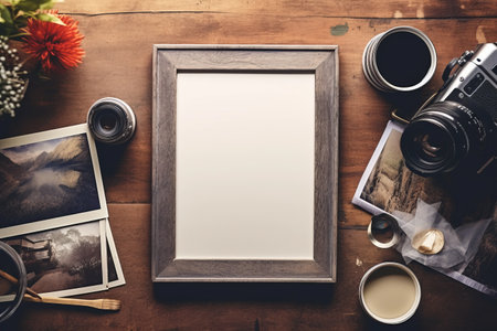 Capturing Memories: A Top-View Snapshot of Empty Frames, Camera, and Supplies on a Rustic Wooden Tableの素材