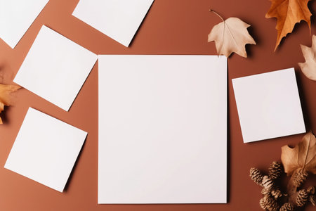 Minimalist Home Office Mockup: Elevated View of Blank Paper Cards with Copy Spaceの素材