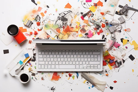 The Inspiring Chaos: A Student's Desk Unveils a World of Creativity - Keyboard, Notebook, Stationery, in Top View Composition on White Backgroundの素材