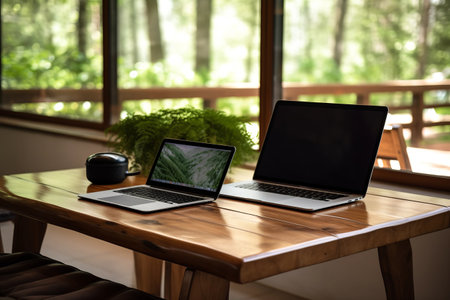 Efficient Collaboration: A Digital Workspace on a Wooden Tableの素材