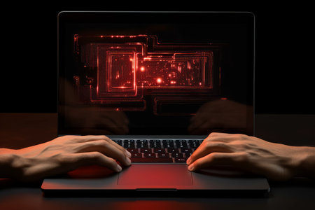 Efficiently Crafting Mockup Designs: Hands Swiftly Typing on a Laptop (3:2 Aspect Ratio)の素材
