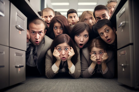 Earthquake Strikes Office: Terrified Workers Seek Shelter Under Desksの素材