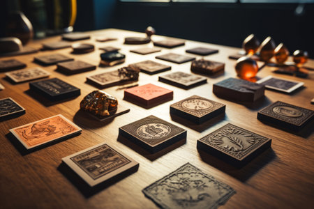 Eclectic Assortment: A Visual Symphony of Diverse Stamps Adorning an Office Tableの素材