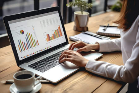 Empowered Businesswoman: Mastering Financial Analysis with Laptop and Chartsの素材