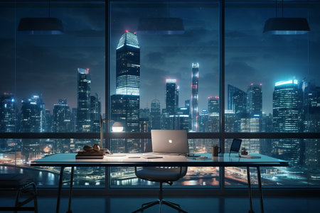 Sleek and Stunning: Nighttime Megapolis Vibes Shine Through in a Modern Office with Glassy Table and Laptop