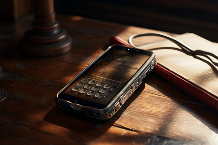 Captivating Closeup: Discovering the Intricacies of a Mobile Phone on a Tableの素材