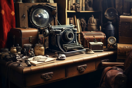 Capturing the Past: Vintage Camera, Supplies, and Ample Desk Space for Creative Explorationの素材