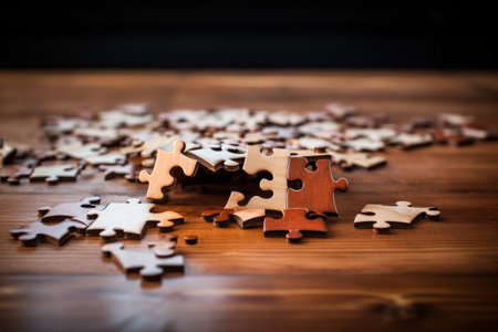 Unlocking the Enigma: Puzzle Pieces on a Wooden Tableの素材
