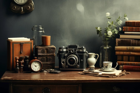 Vintage Camera Still Life: An Artistic Composition with Desk Space and Copy Areaの素材