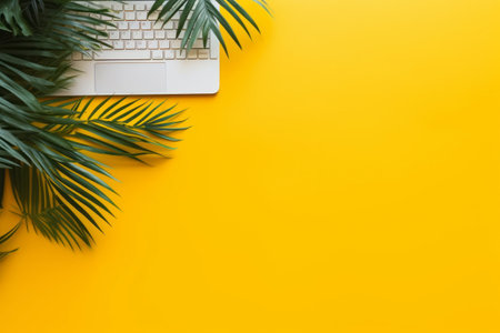 Vibrant Yellow Office Desk: A Productive Workspace with Computer, Plant, and Copy Space - Top Viewの素材
