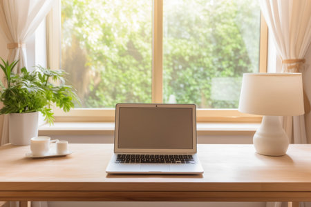 Minimalistic Home Office: Captivating Desk Illuminated by Afternoon Sunlight, Featuring Computer and Laptop with Blank Screensの素材