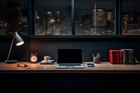 Efficiently Equipped: Captivating Dark Modern Office Space with Smart Devices and Office Essentialsの素材