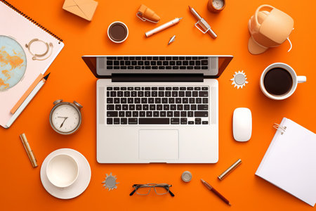 Business Essentials: Office Desk Table Setting with Keyboard, Mouse, and More on Vibrant Orange Backgroundの素材