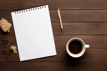 Perfectly Arranged: A Productive Workspace with an Office Desk, Notebook Paper, Pen, and Coffee Cup - Aesthetic in 3:2 Aspect Ratioの素材