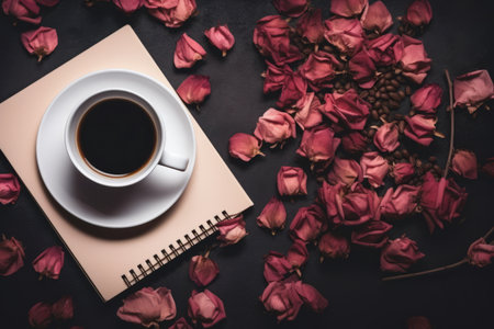 Coffee, Art, and Romance: A Dreamy Flat Lay of Black Coffee, Sketchbook, Pencil, and Dry Rose Flowersの素材